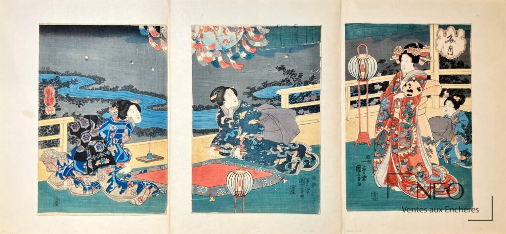 Triptyque japonais de trois courtisanes sur une terrasse