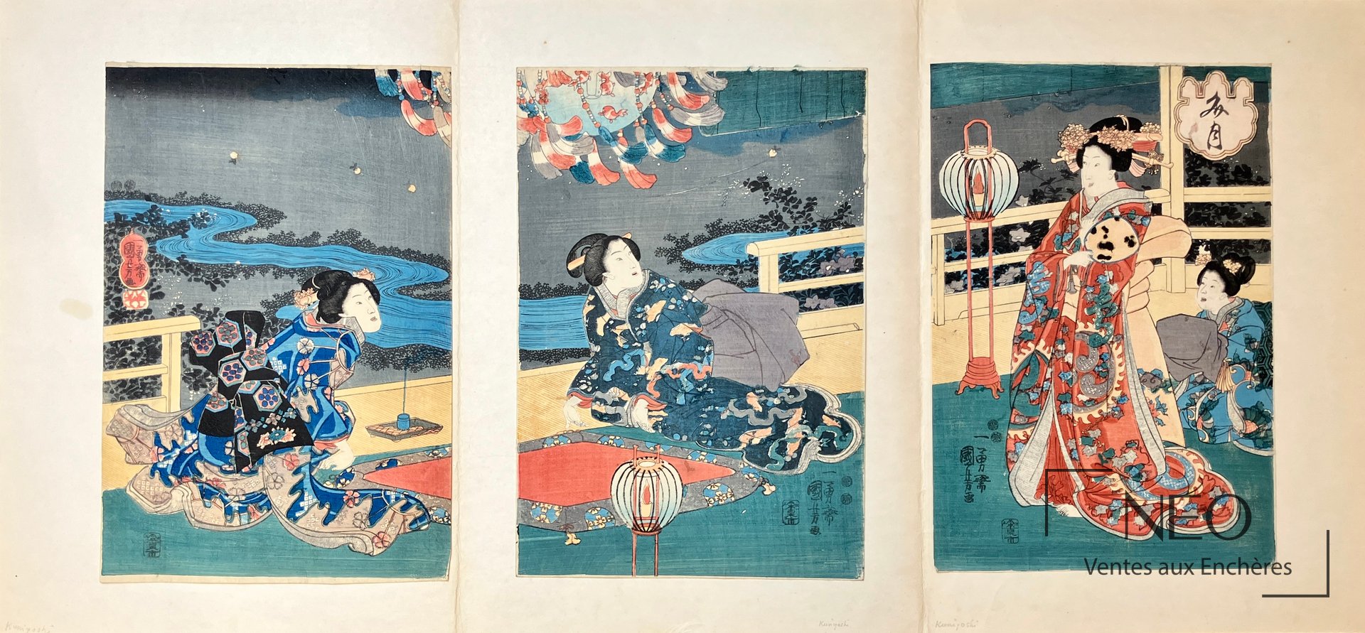 Triptyque japonais de trois courtisanes sur une terrasse
