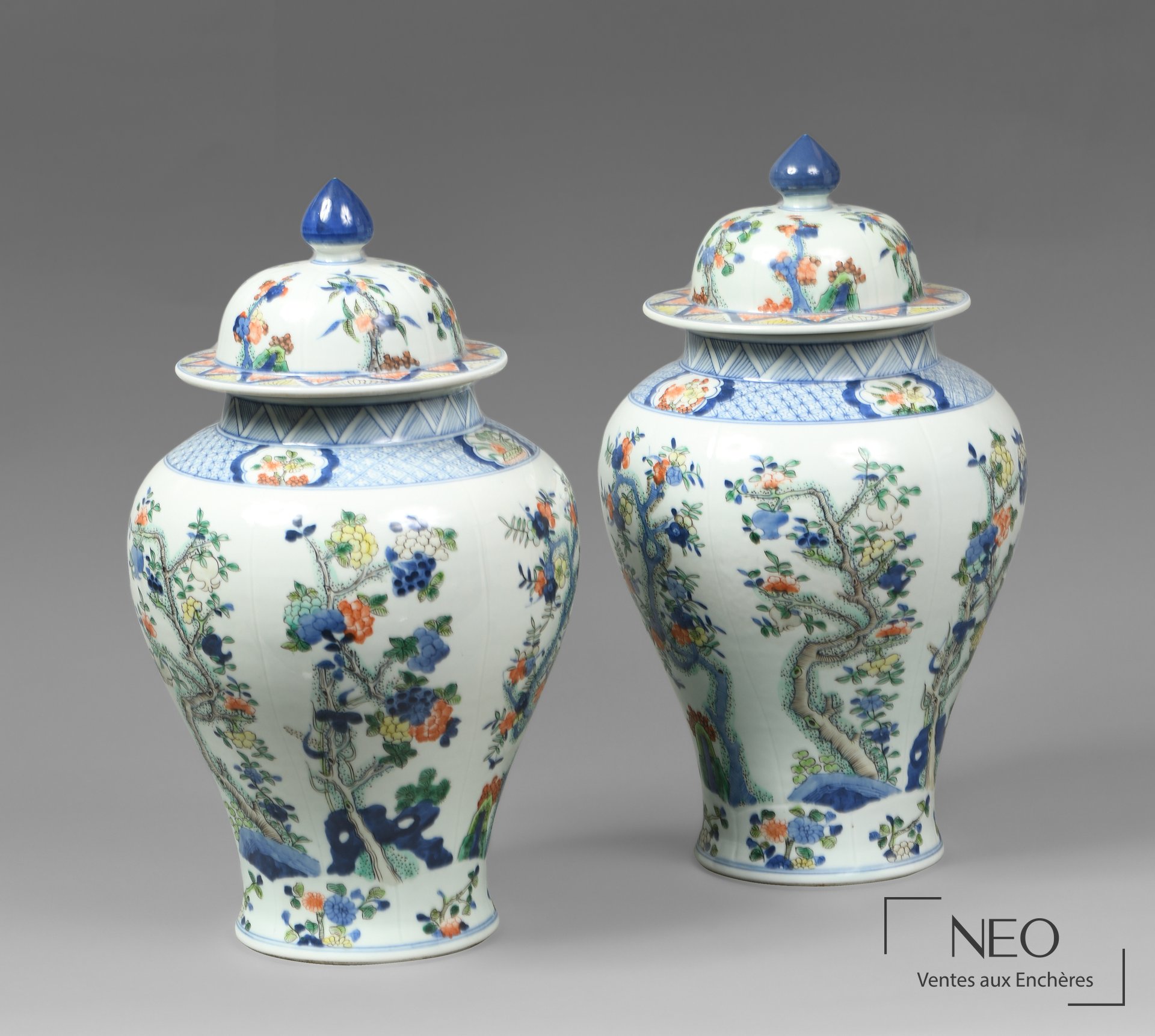 Paire de vases balustres couverts en porcelaine blanche à décor polychrome de branches fleuries