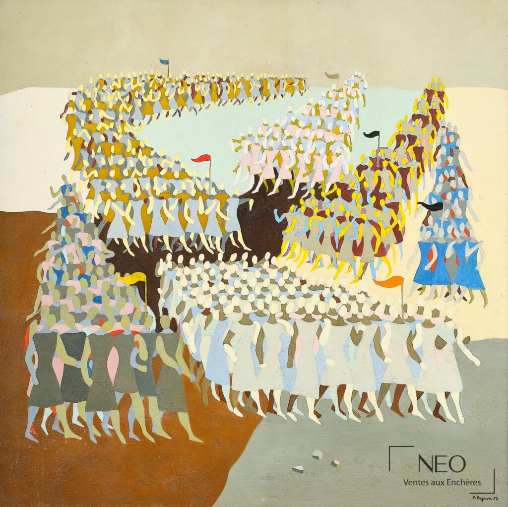 Peinture abstraite figurative de Véra Pagava montrant une bataille de silhouettes colorées