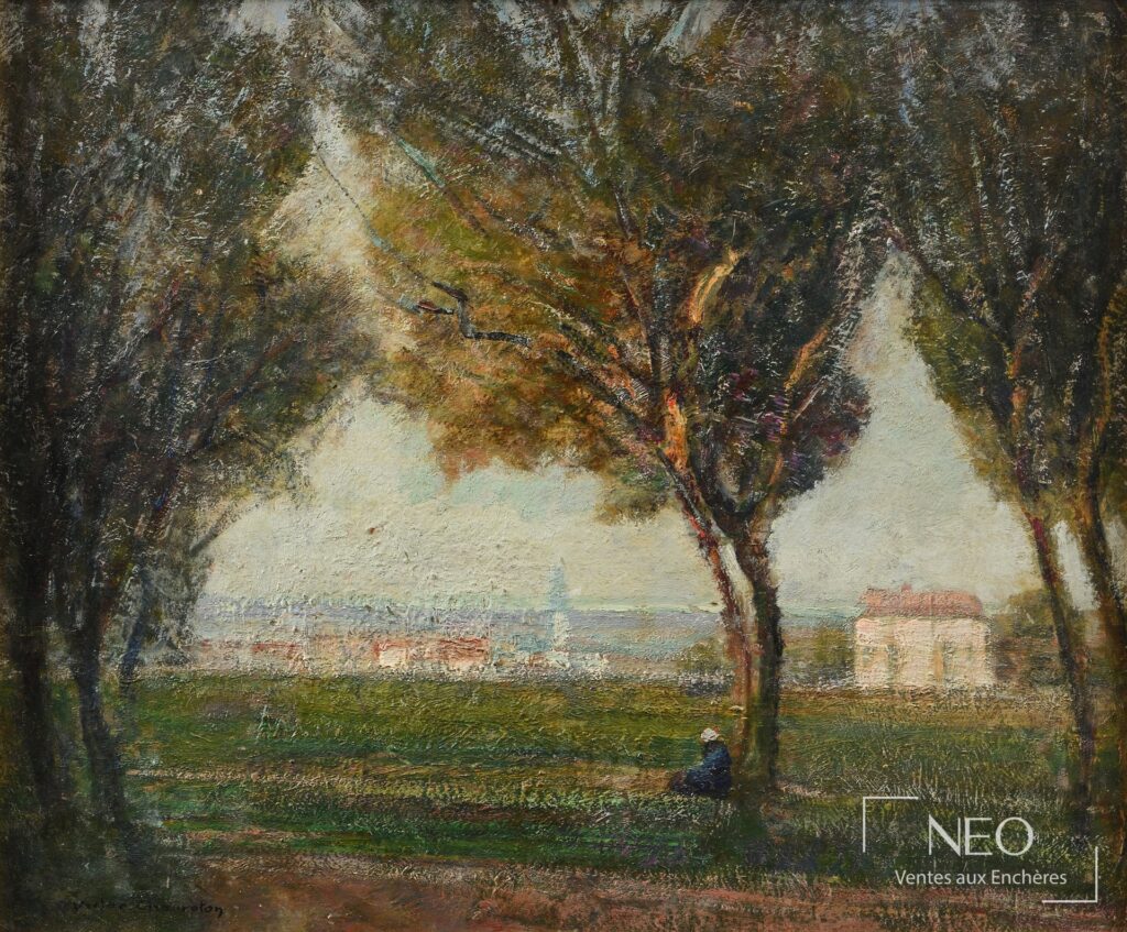 Paysage peint à l'huile avec arbre central et figure assise au premier plan
