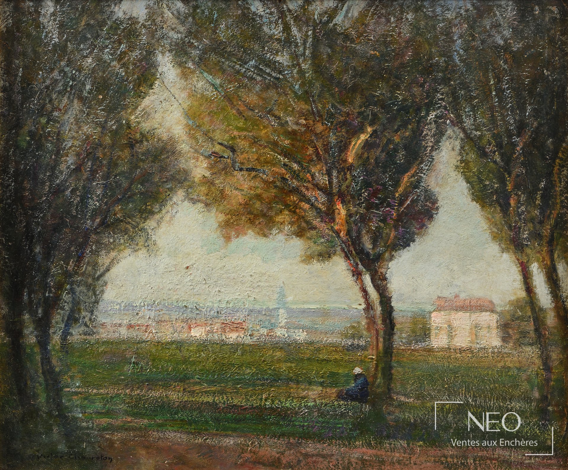 Paysage peint à l'huile avec arbre central et figure assise au premier plan
