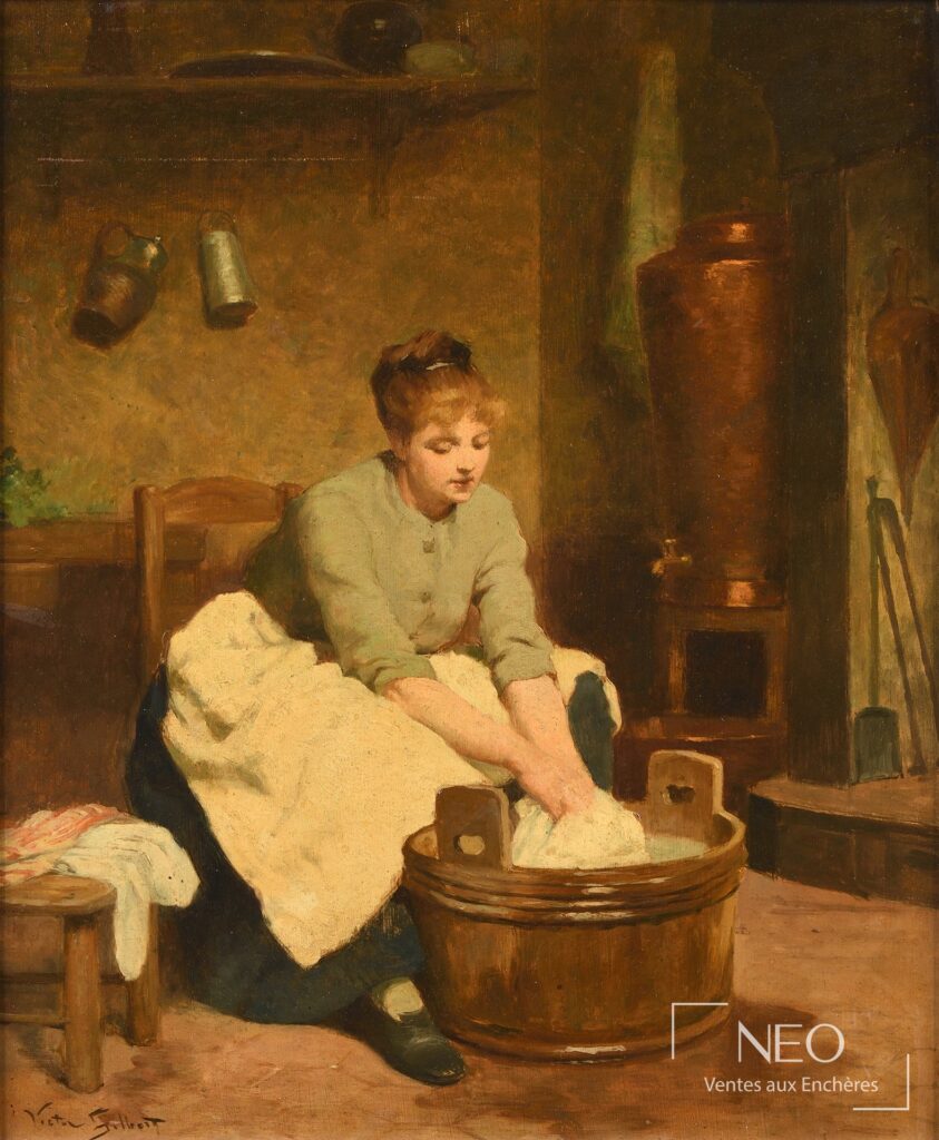 Scène de lavandière peinte à l'huile