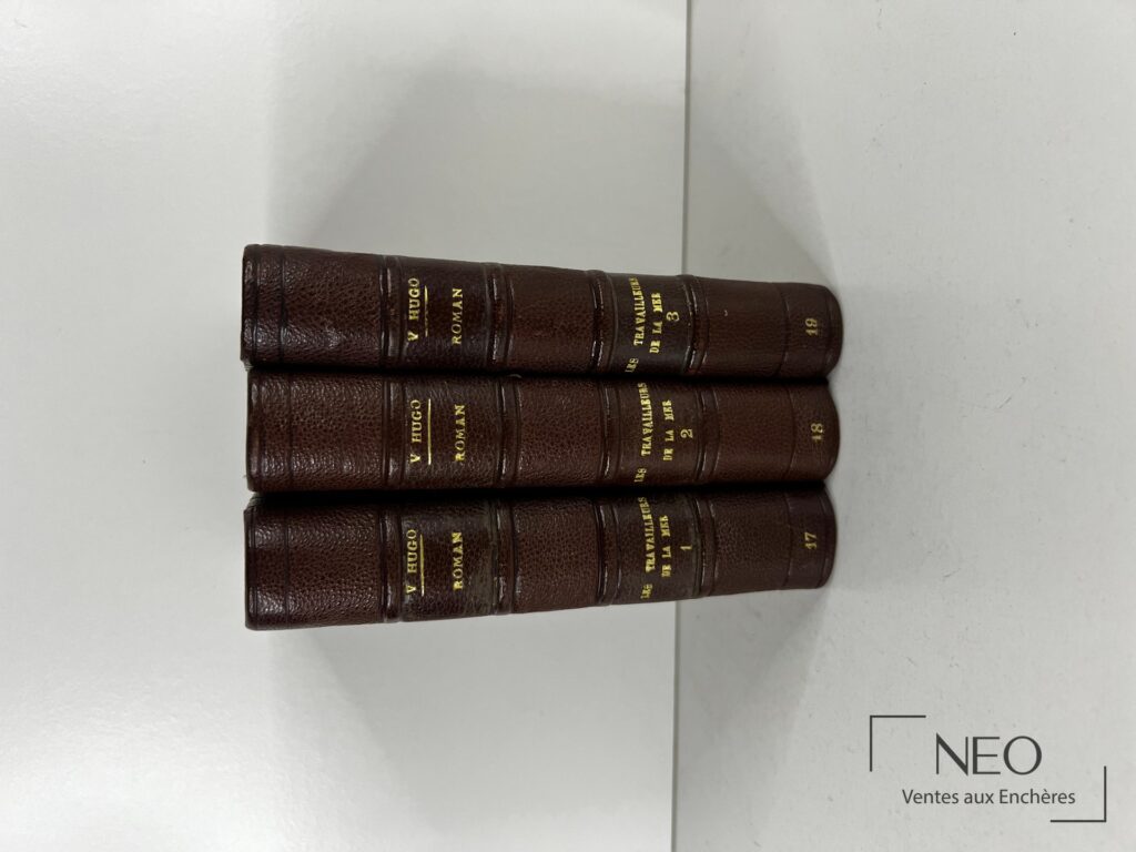 Trois dos de volumes reliés en demi-chagrin brun avec titrage doré de Victor Hugo.