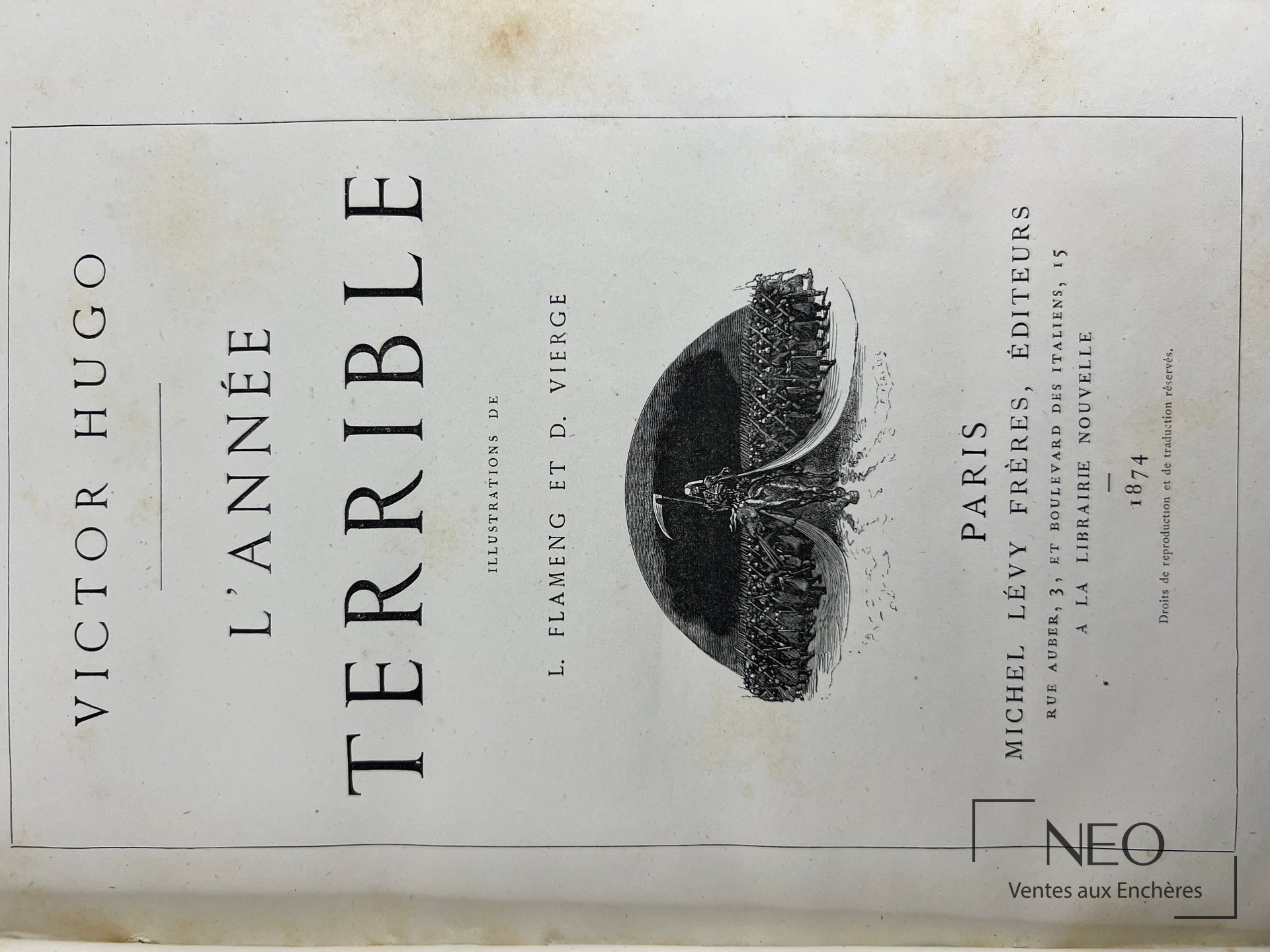 Page de titre de L'année Terrible de Victor Hugo avec l'éditeur Michel Lévy frères et la date 1874