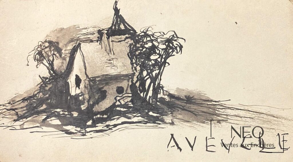 Dessin à l'encre brune représentant un paysage schématique avec une construction centrale