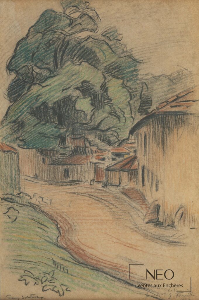 Pastel représentant un chemin dans un village