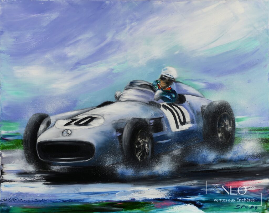 Huile sur toile représentant Fangio au volant d’une Mercedes W196 en course
