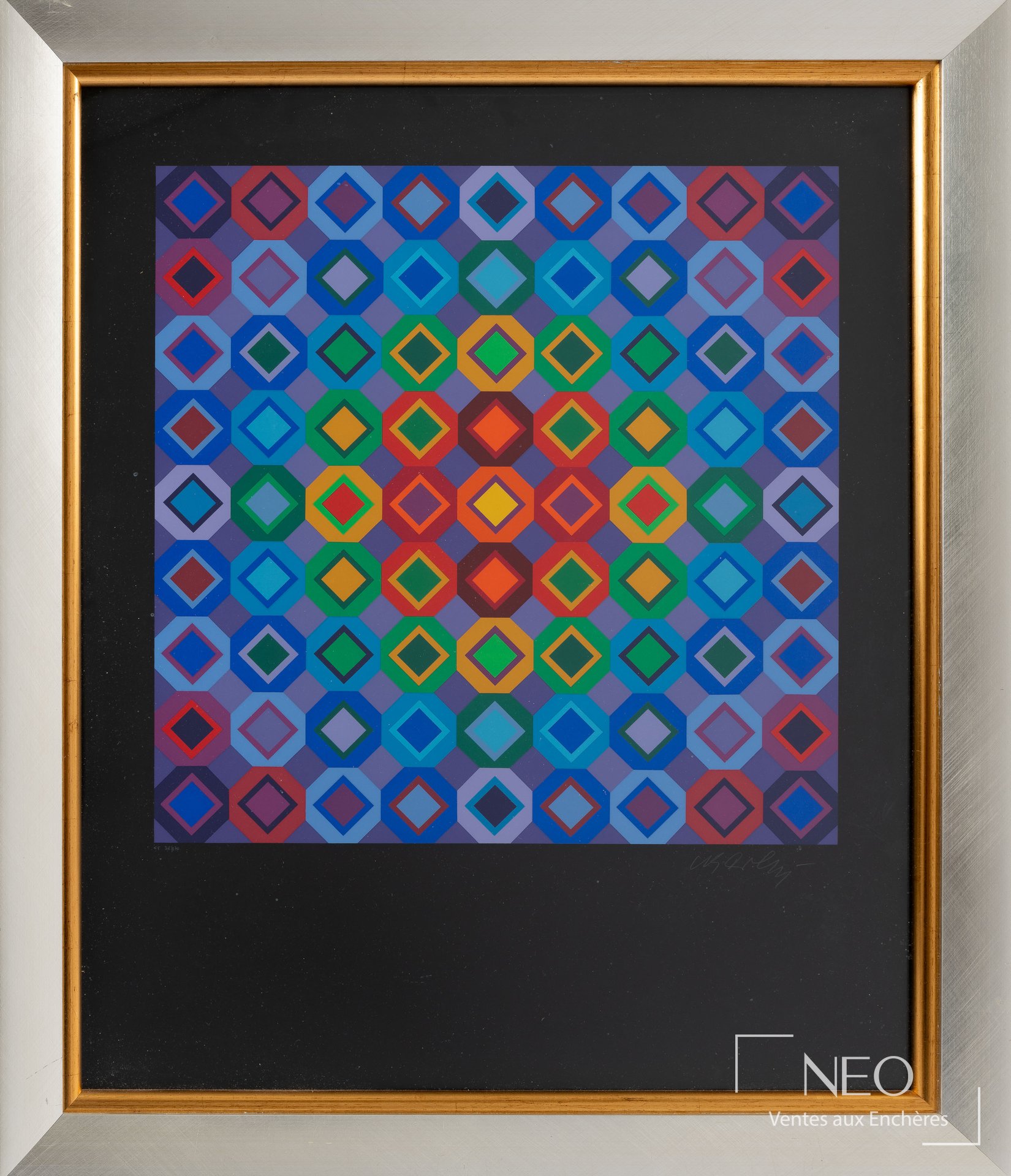 Estampe en couleurs de Victor Vasarely sous verre