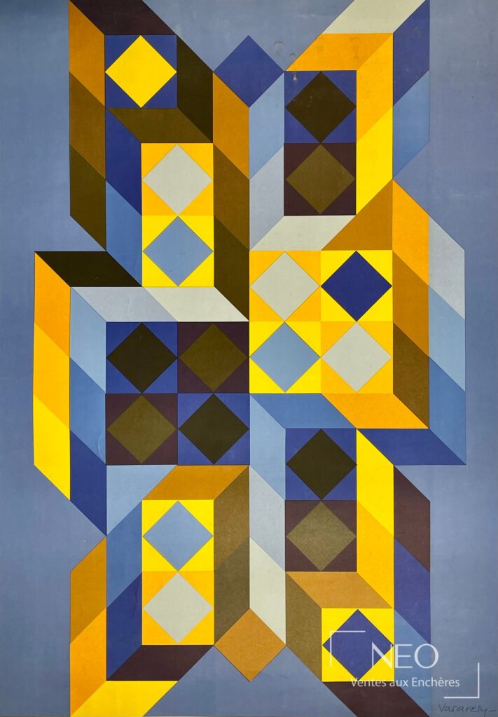 Composition géométrique abstraite de Victor Vasarely dans des tons bleus