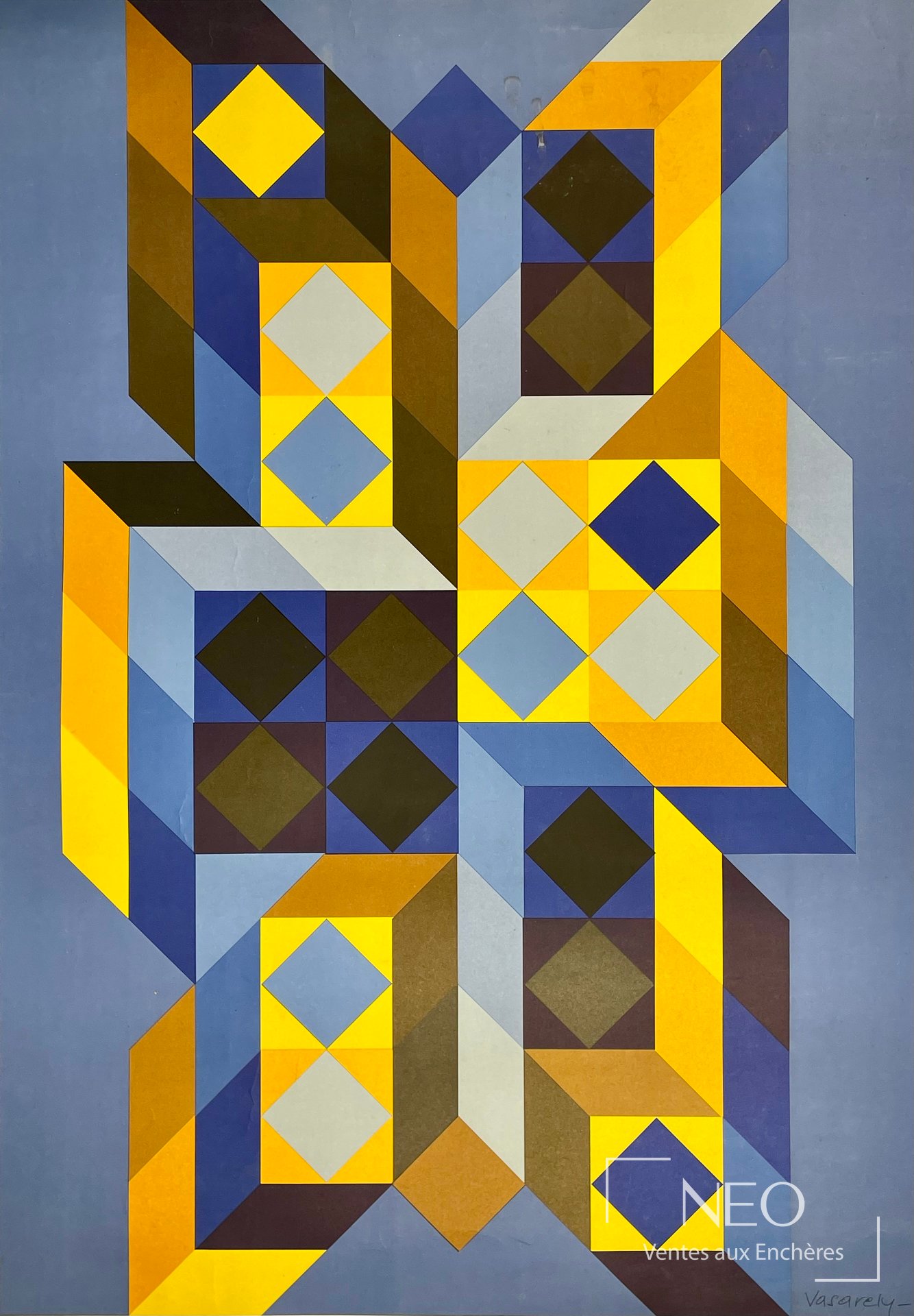 Composition géométrique abstraite de Victor Vasarely dans des tons bleus