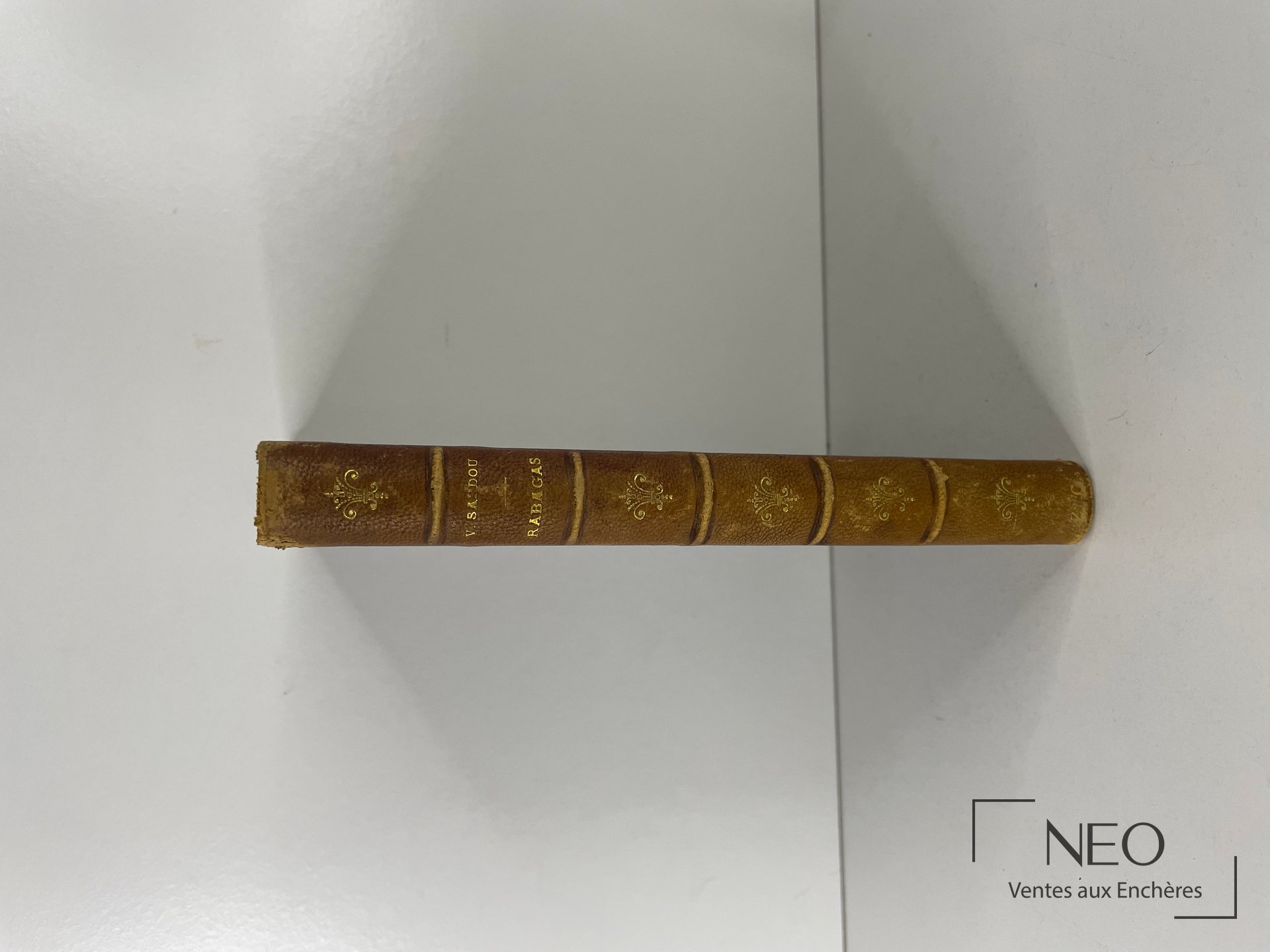 Dos d'un livre ancien en demi chagrin avec nerfs et titres dorés