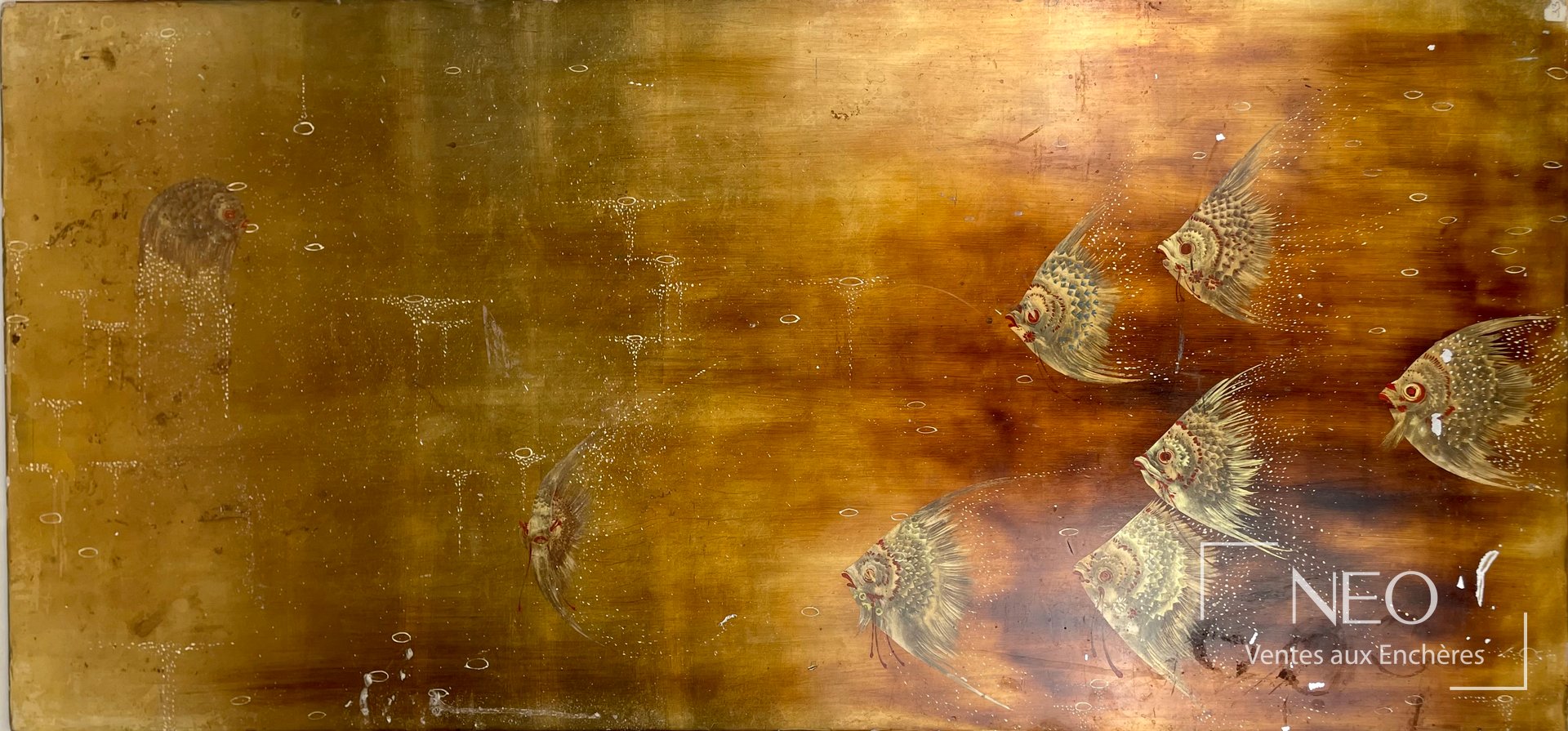 Panneau de laque vietnamien dans le goût de Poissons à décor polychrome