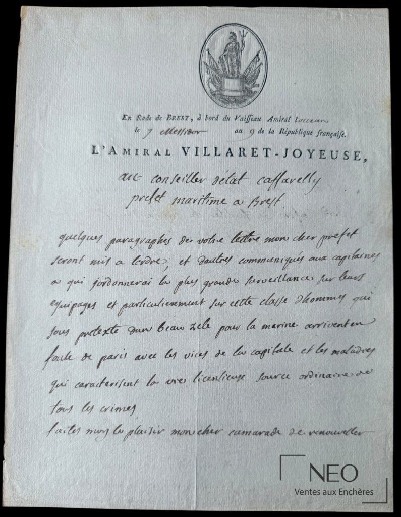 Lettre autographe signée de Villaret-Joyeuse sur papier à en-tête
