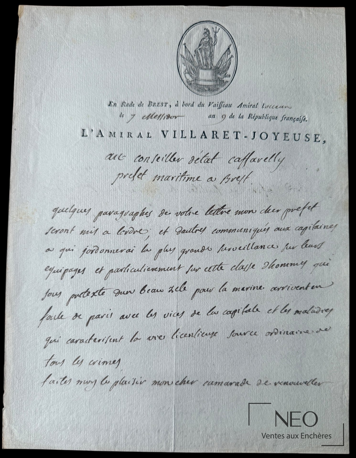 Lettre autographe signée de Villaret-Joyeuse sur papier à en-tête