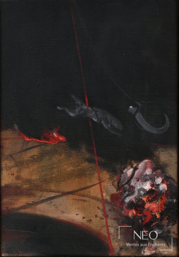 Peinture abstraite sombre de Vladimir Velickovic avec touches rouges et brunes