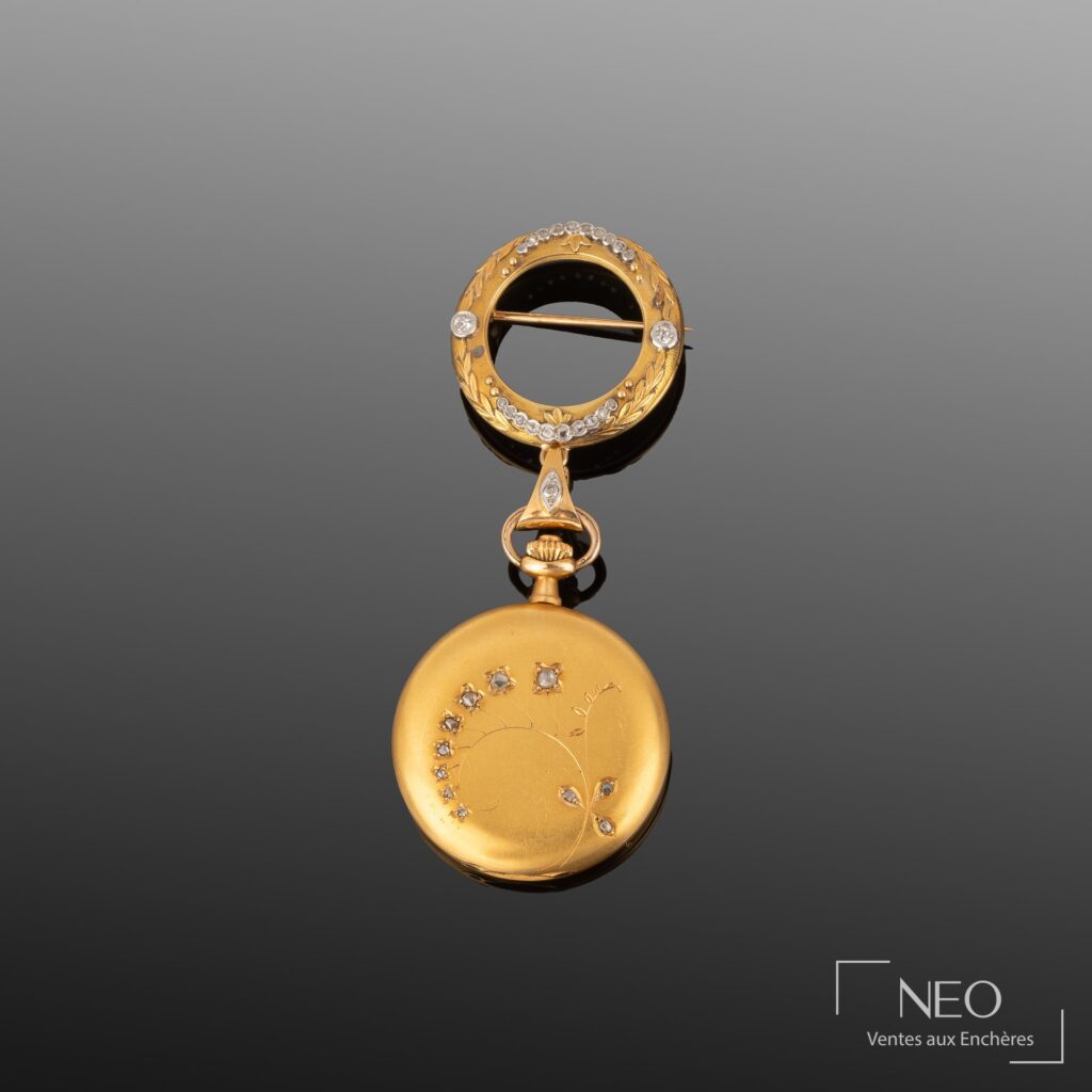 Montre à gousset en or jaune avec broche pendentif circulaire assortie