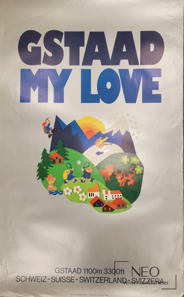 Affiche colorée Gstaad my love avec grand titre bleu et paysage alpin stylisé
