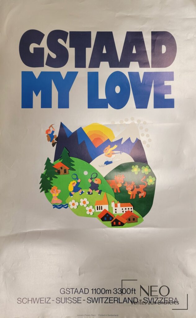 Affiche Gstaad my love de Walter Amrein avec composition colorée et mention GSTAAD en grand.