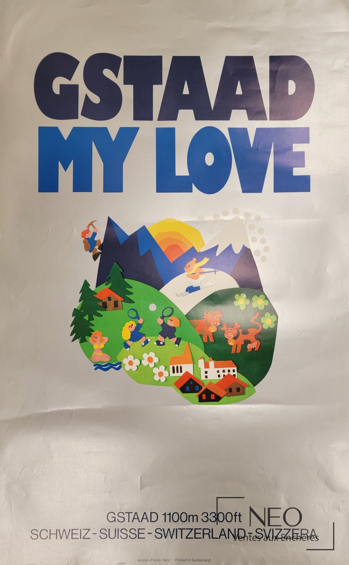 Affiche Gstaad my love de Walter Amrein avec composition colorée et mention GSTAAD en grand.