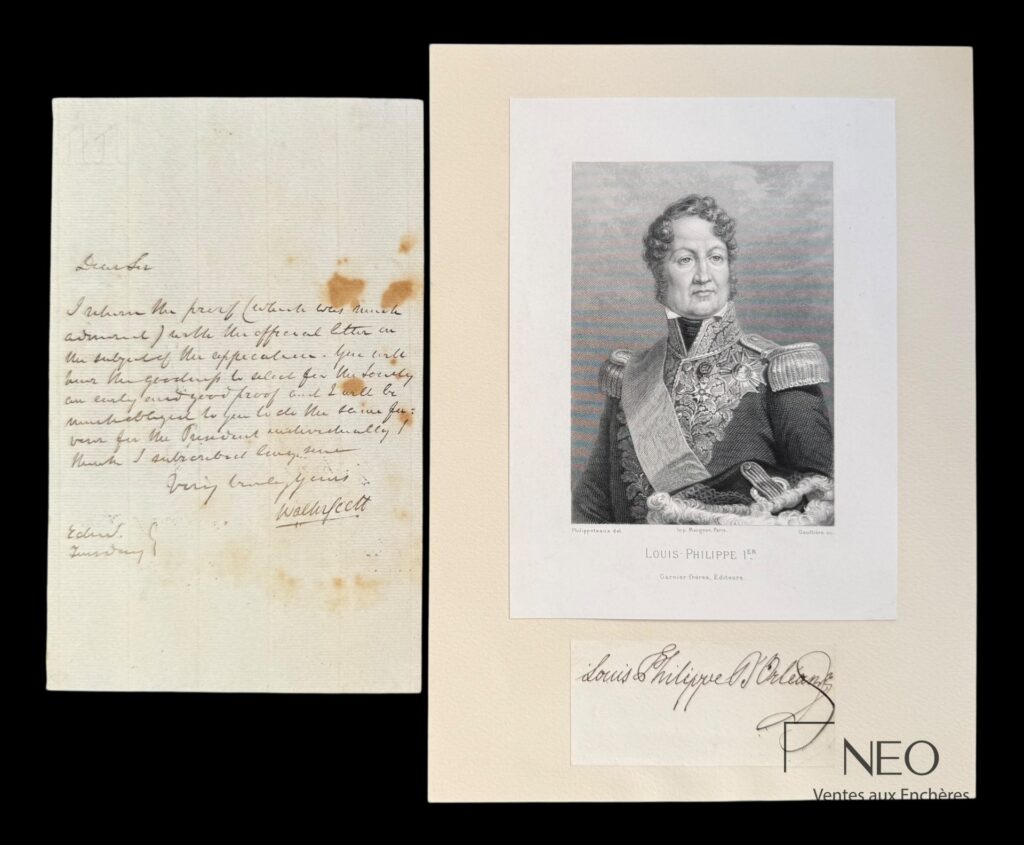 Lettre autographe signée de Walter Scott avec texte manuscrit et signature