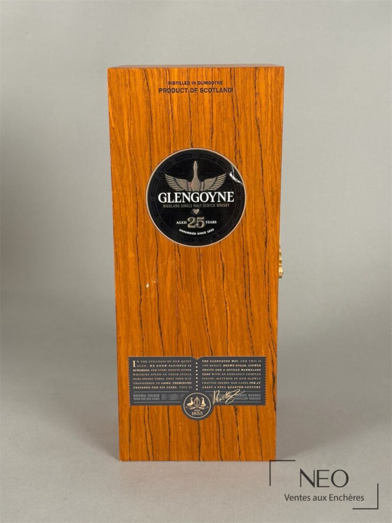 Coffret en bois Glengoyne 25 ans d'âge avec étiquette frontale ronde