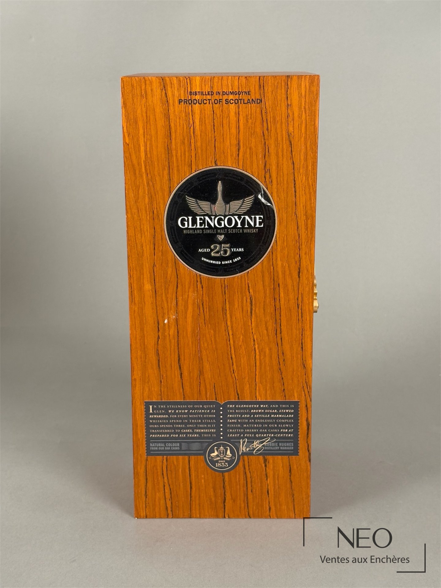 Coffret en bois Glengoyne 25 ans d'âge avec étiquette frontale ronde