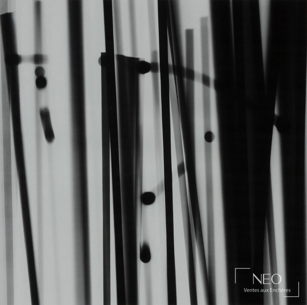 Photographie noir et blanc abstraite aux bandes verticales et points sombres