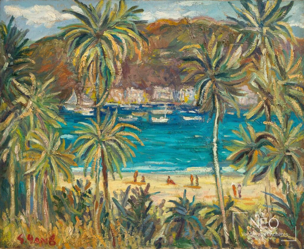 Huile sur toile montrant une plage bordée de palmiers et une baie aux tons bleus et ocres