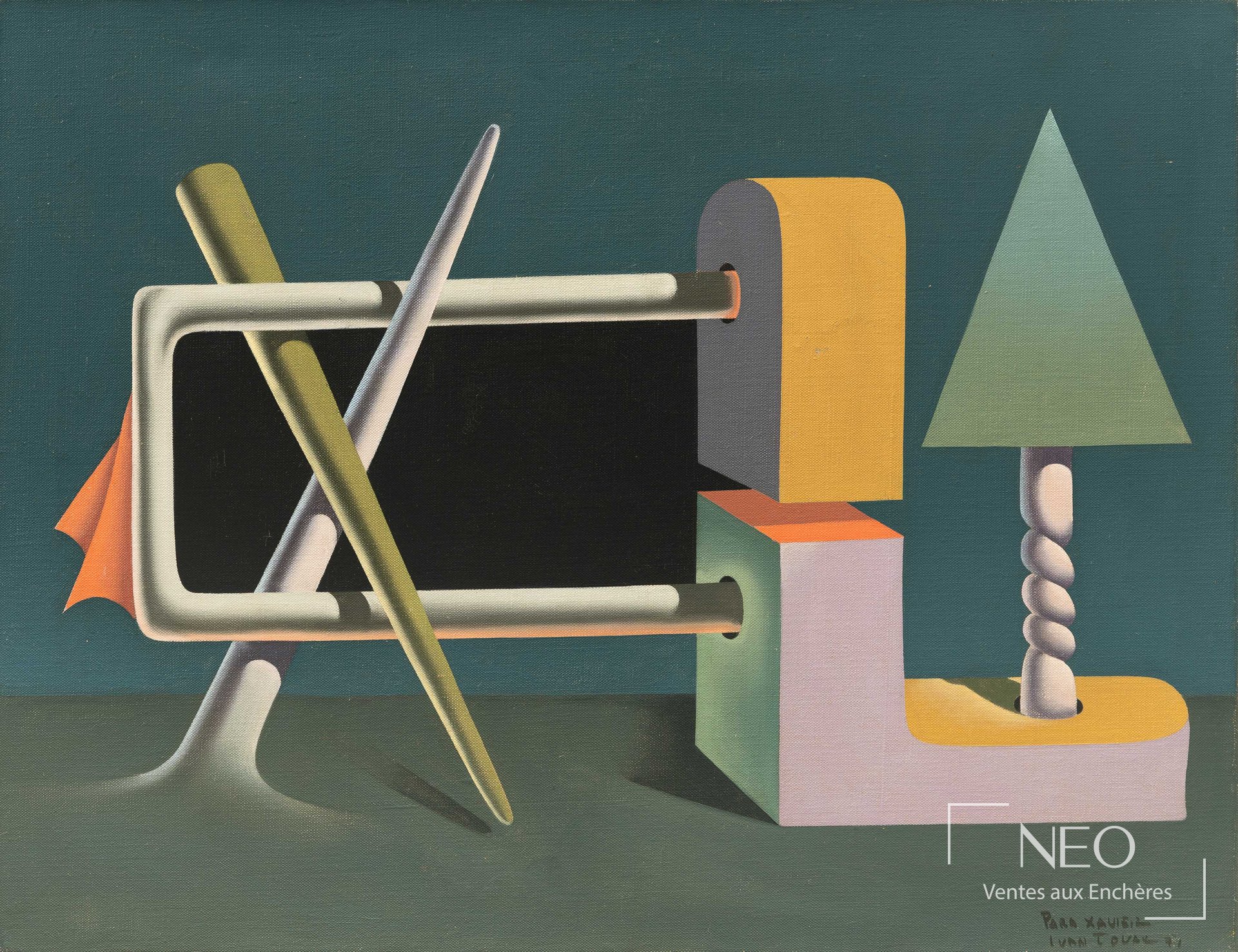 Composition abstraite et géométrique de Yvan Tovar en couleurs vives sur fond vert bleu