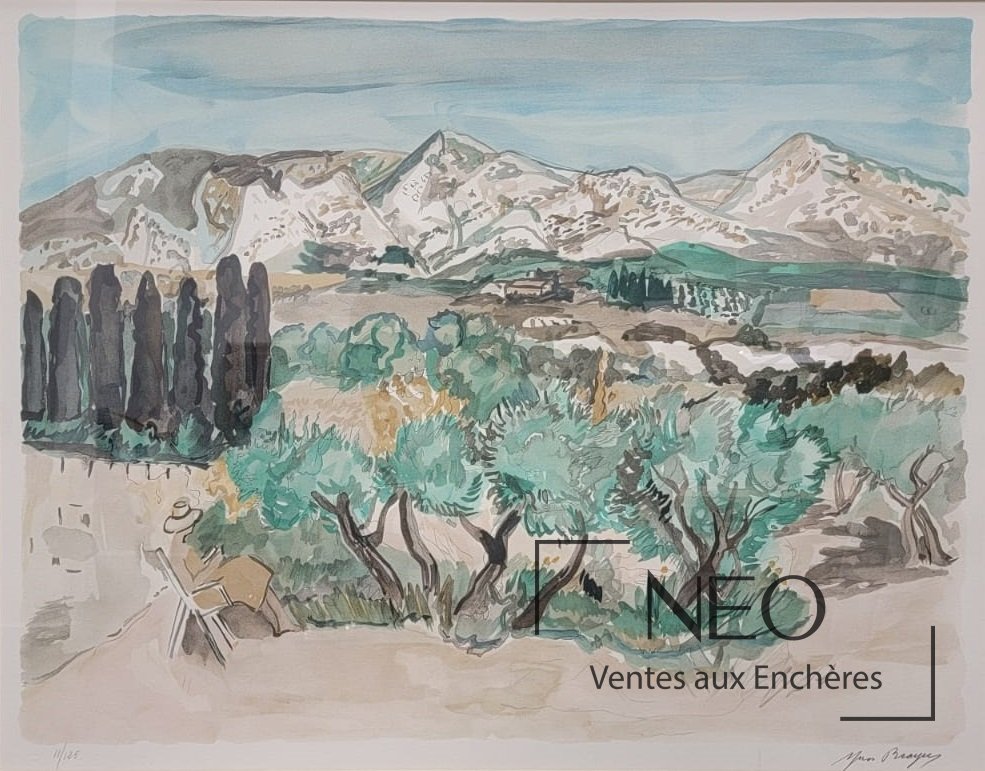 Lithographie de paysage avec montagne Sainte Victoire et arbres au premier plan