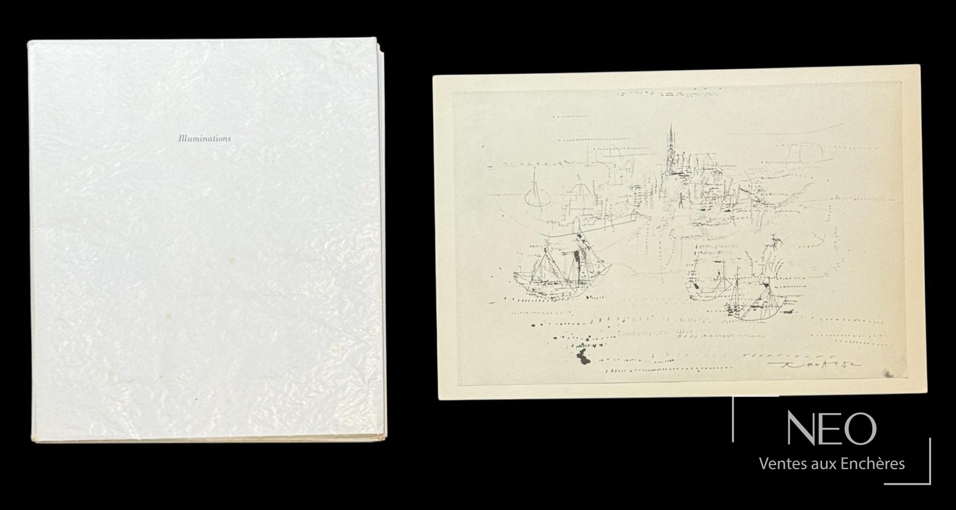 Livre Illuminations et estampe signée Zao Wou-Ki présentés ensemble sur fond noir
