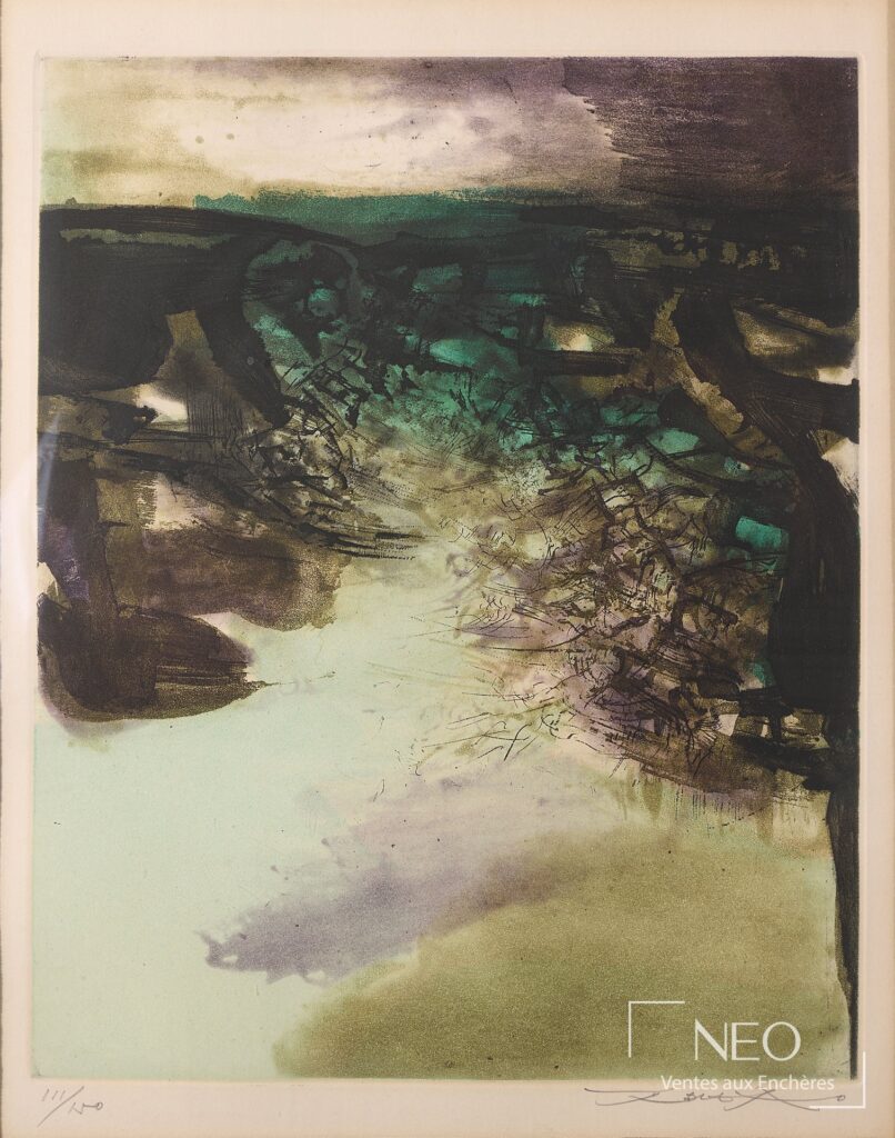 Lithographie abstraite de Zao Wou-Ki aux tonalités vertes