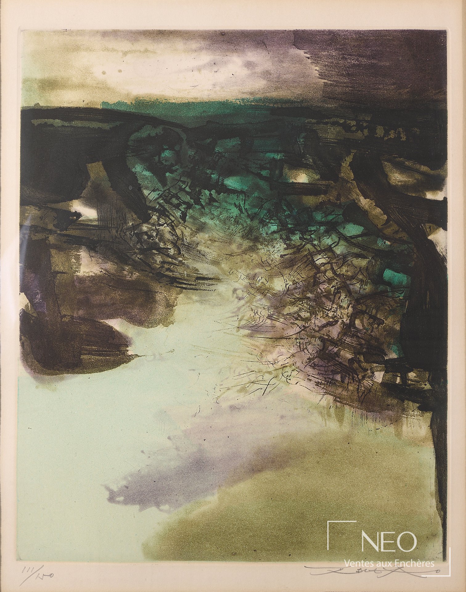 Lithographie abstraite de Zao Wou-Ki aux tonalités vertes