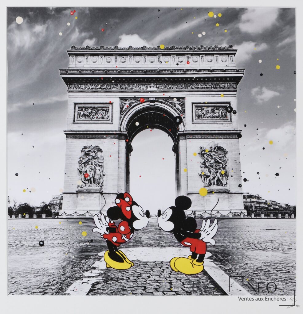 Lithographie en couleurs représentant l'Arc de Triomphe avec deux personnages de style pop art au premier plan