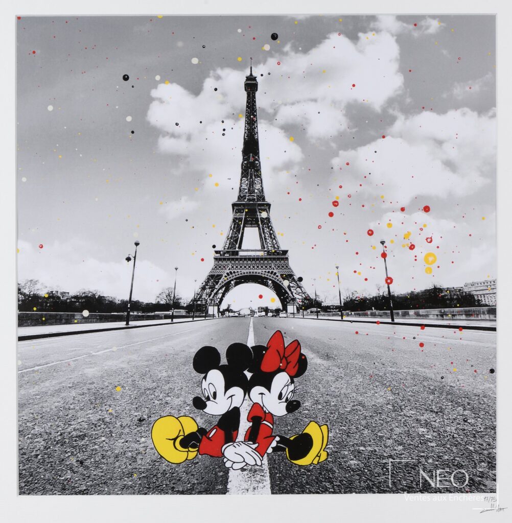 Lithographie de ZOULLIART représentant la tour Eiffel avec deux personnages colorés au premier plan