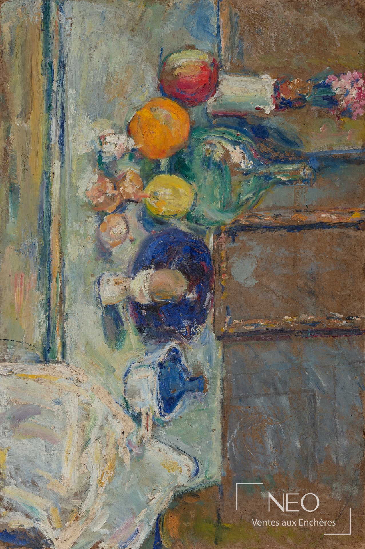 Nature morte colorée aux fruits et à la dame Jeanne peinte à l’huile sur carton