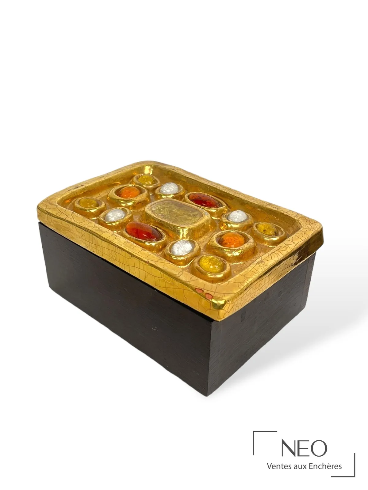 Coffret modèle Pérou de Mithé Espelt en céramique émaillée et bois noirci à cabochons de verre coloré