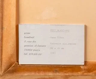 Étiquette de la galerie Yvon Lambert au dos d'une peinture sur papier de Rémi Blanchard, 1981