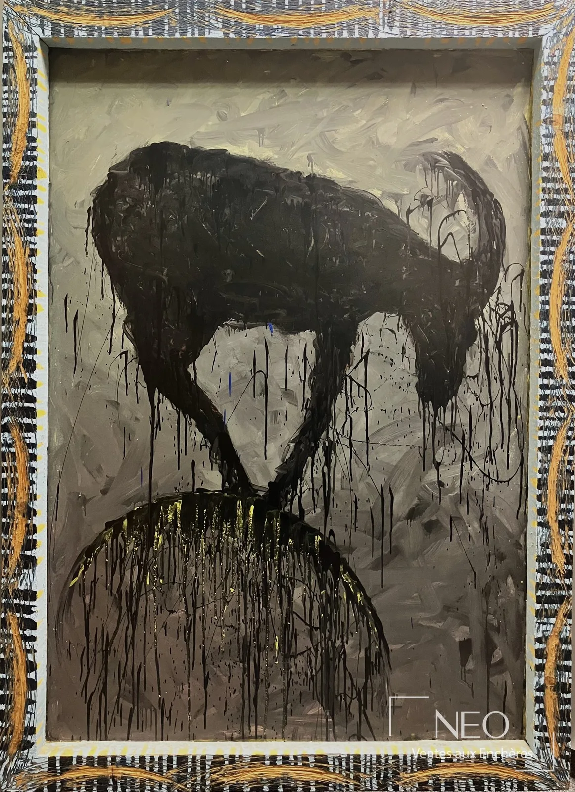 Le Bouquetin, 1981, acrylique sur isorel de Rémi Blanchard avec cadre sculpté