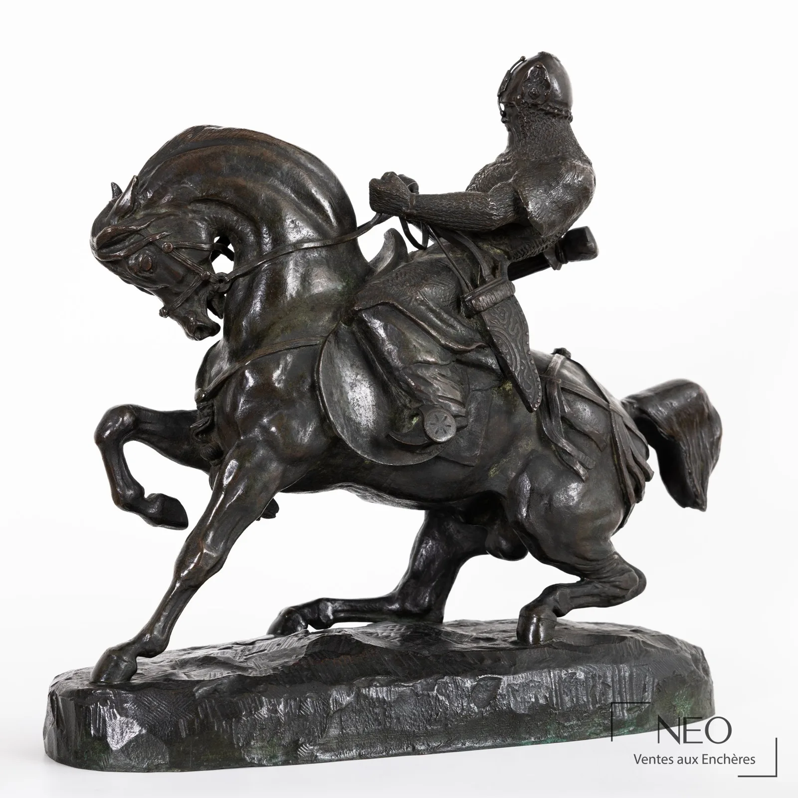 Guerrier tartare arrêtant son cheval, bronze d'Antoine-Louis Barye en fonte d'édition ancienne adjugé par NEO Enchères