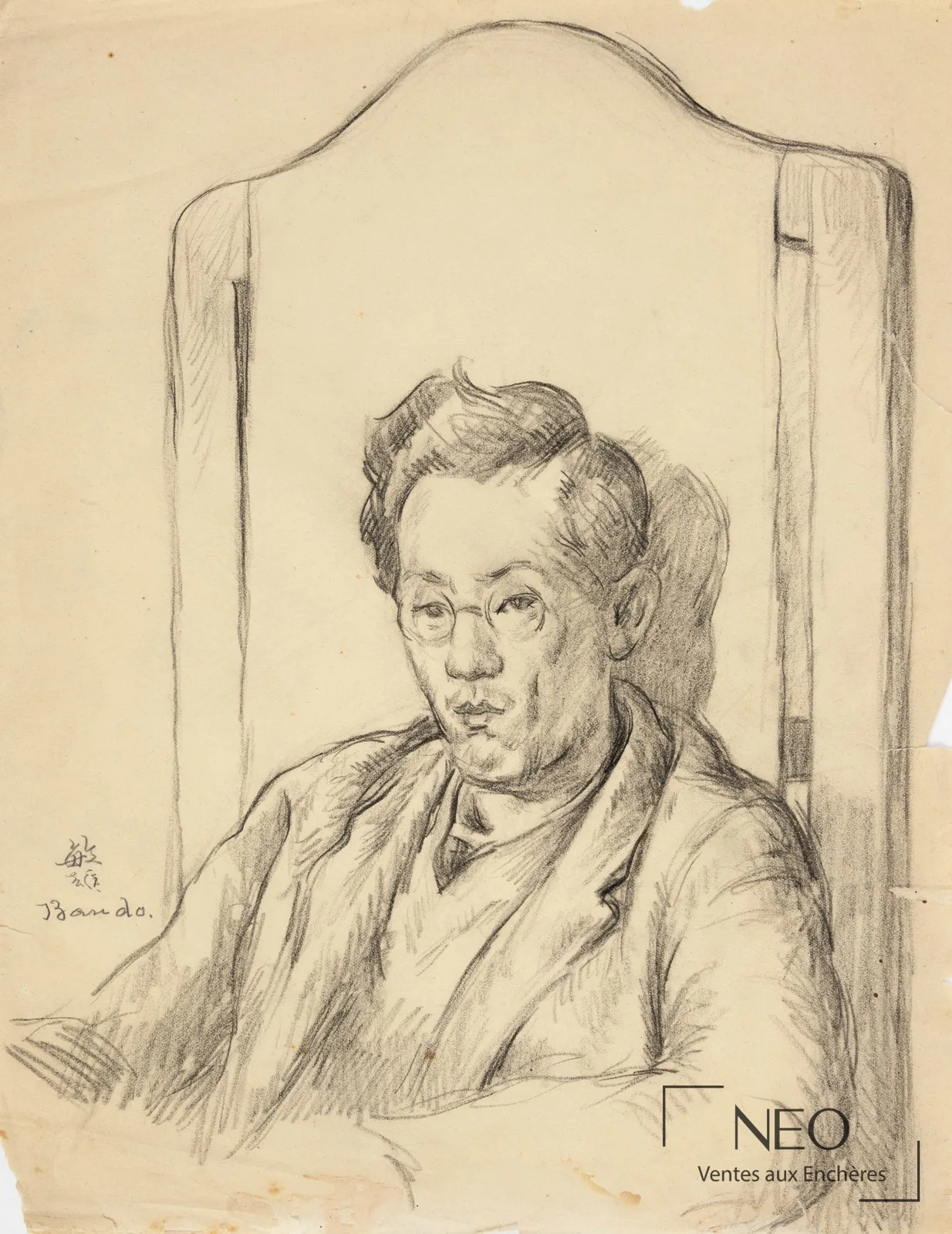 Autoportrait au fusain de Toshio Bando signé en bas à gauche, vendu par NEO Enchères