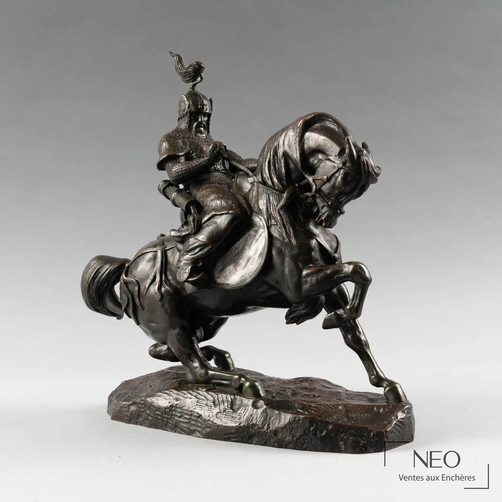 Guerrier tartare arrêtant son cheval, bronze d'Antoine-Louis Barye fondu par Barbedienne, adjugé par NEO Enchères
