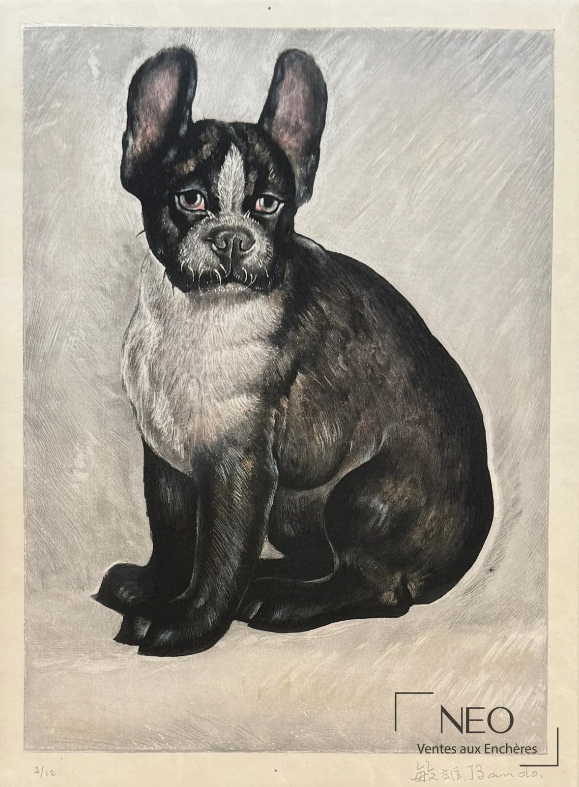 Bouledogue assis, eau-forte en couleurs sur soie de Toshio Bando vendue par NEO Enchères