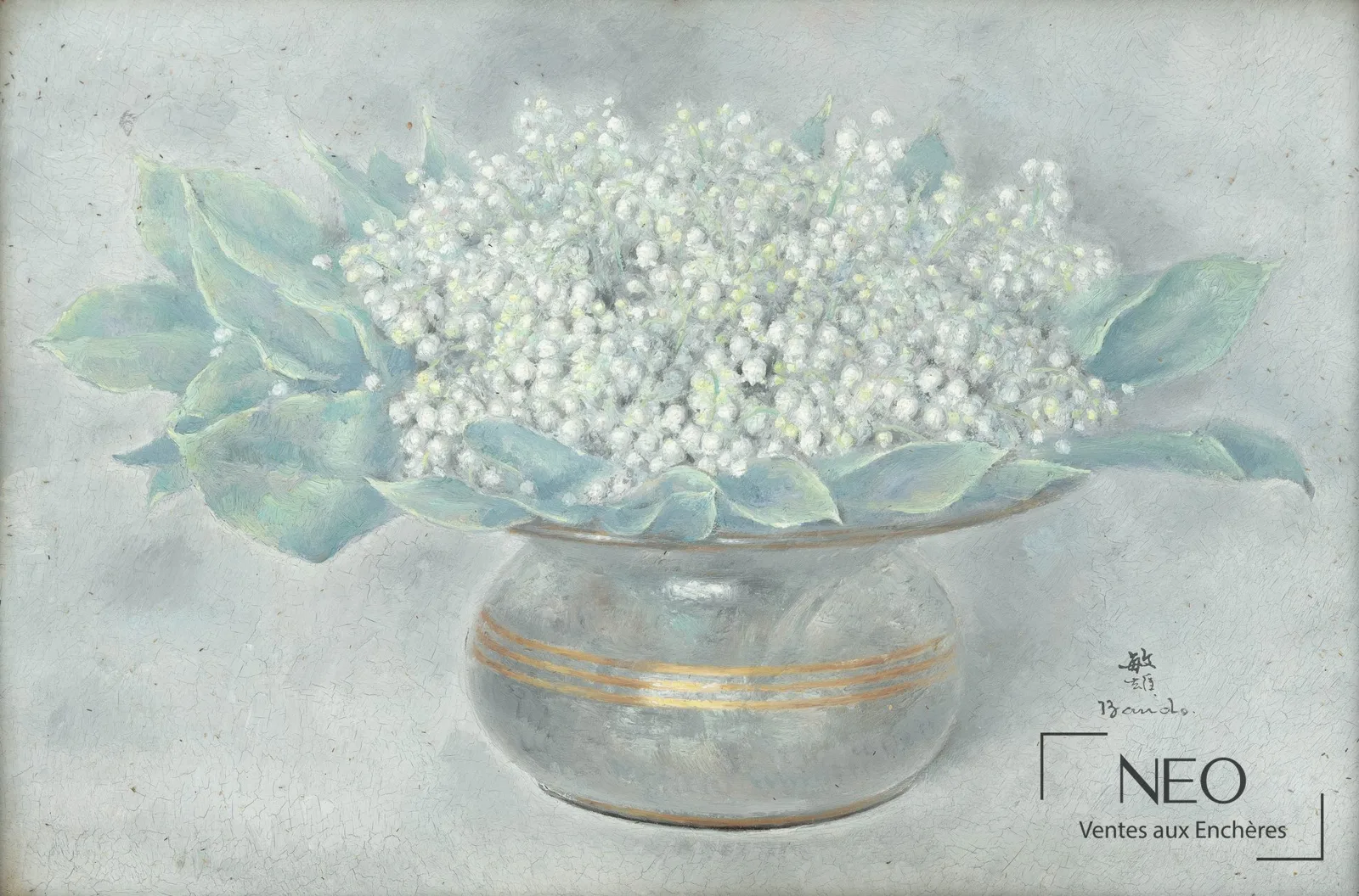 Bouquet de muguet dans un vase, huile sur panneau de Toshio Bando adjugée par NEO Enchères