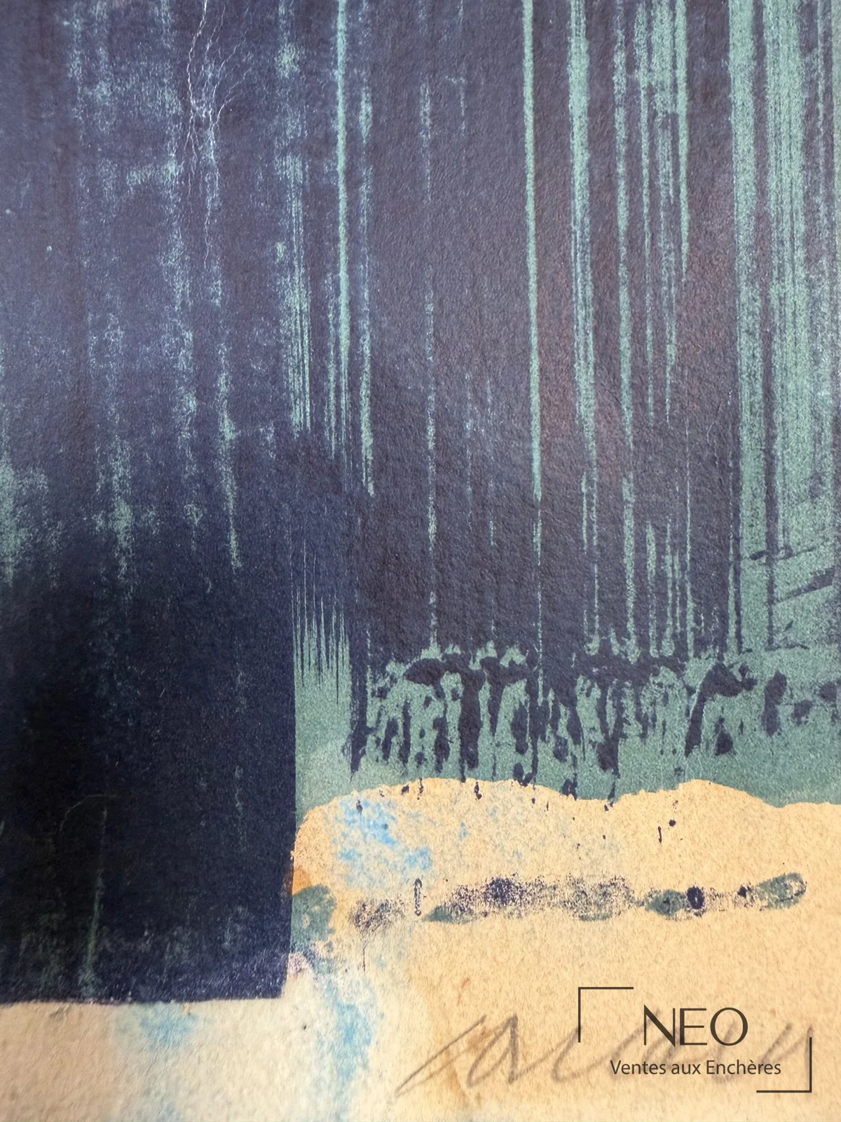 Détail d'une lithographie en couleurs de Pierre Soulages : coulures et raclage de l'encre lithographique