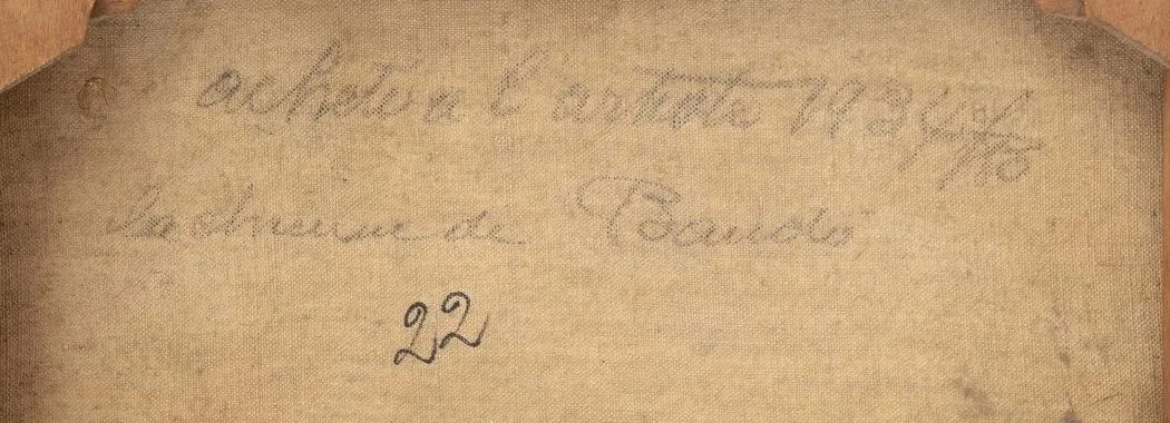 Dos de La chienne de Bando annoté « Acheté à l'artiste 1934/35 », huile de Toshio Bando