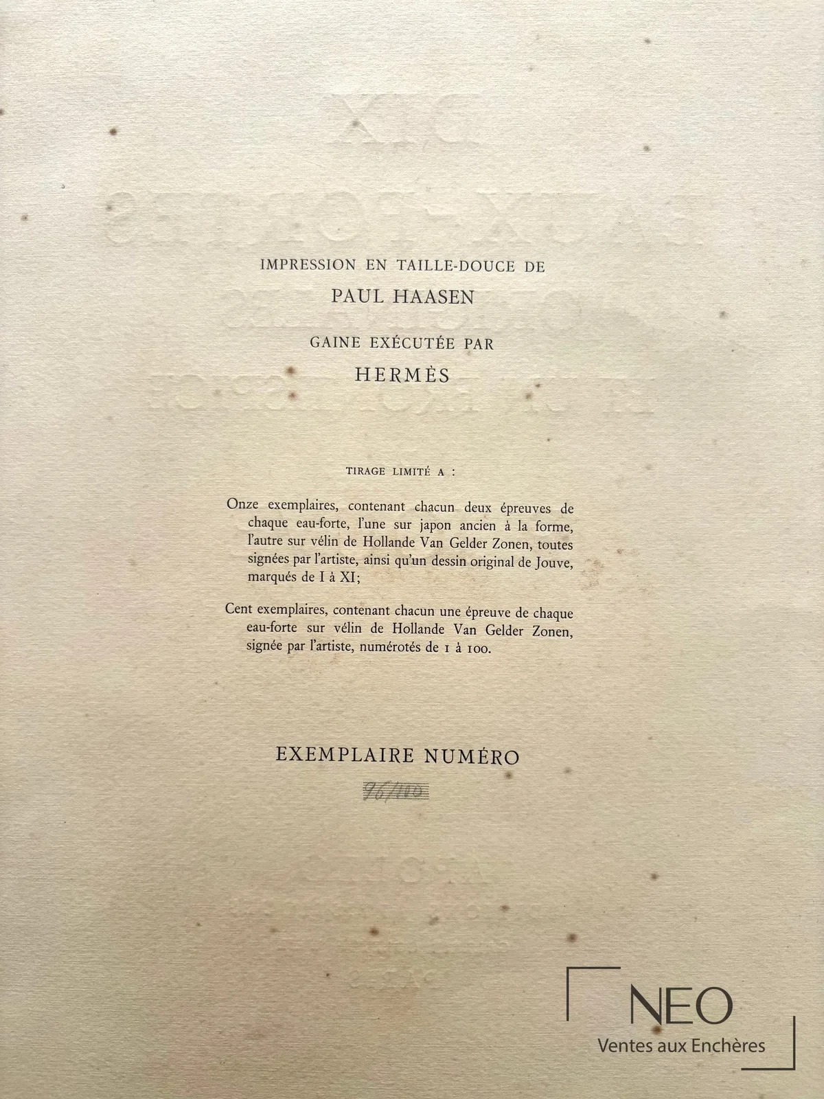 Page de justification de tirage de l'album de Paul Jouve, exemplaire numéro 96/100, gaine exécutée par Hermès