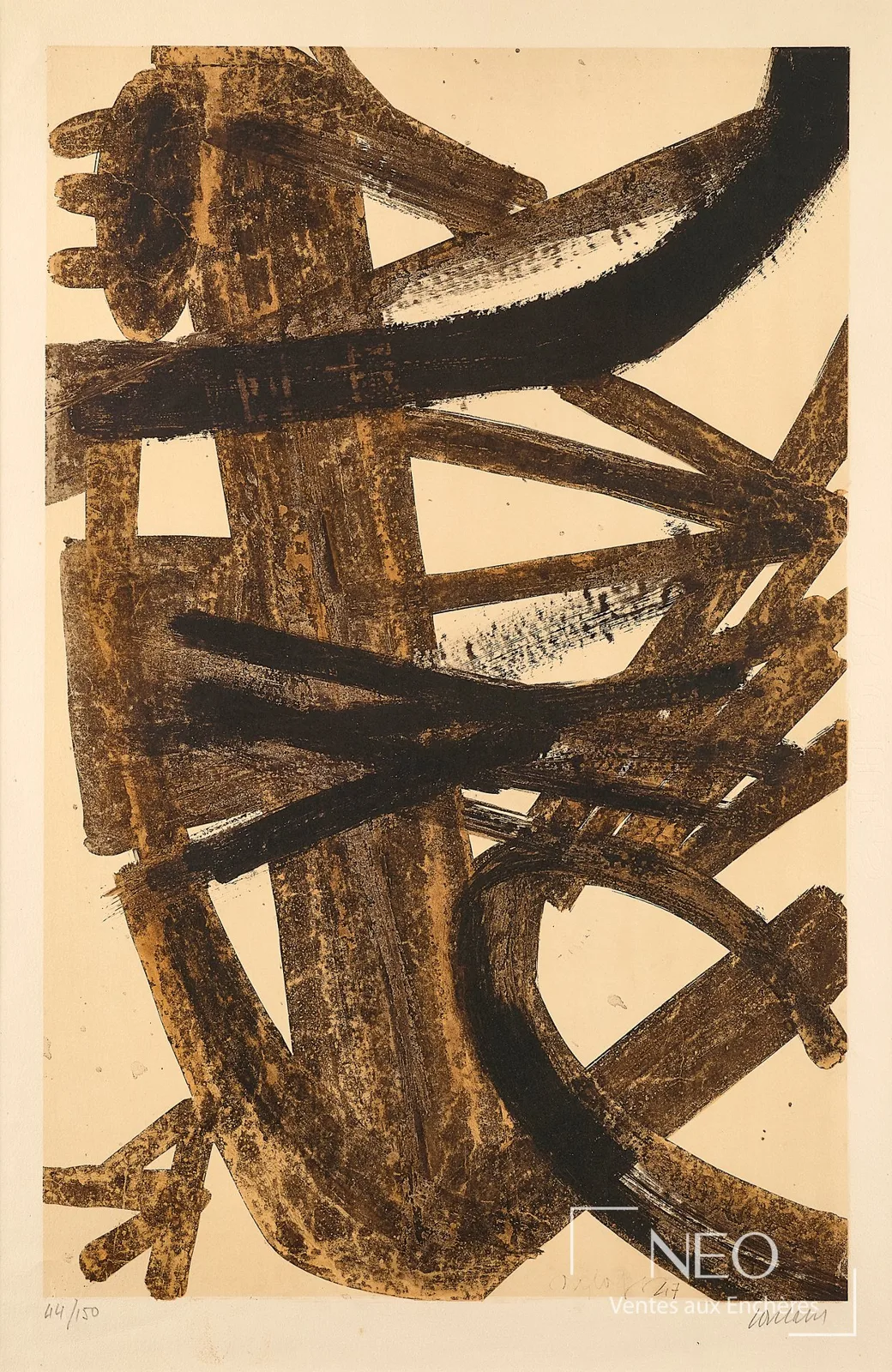 Lithographie d'interprétation de Pierre Soulages exécutée par Charles Sorlier d'après Peinture 1947, imprimée par Mourlot en 1960