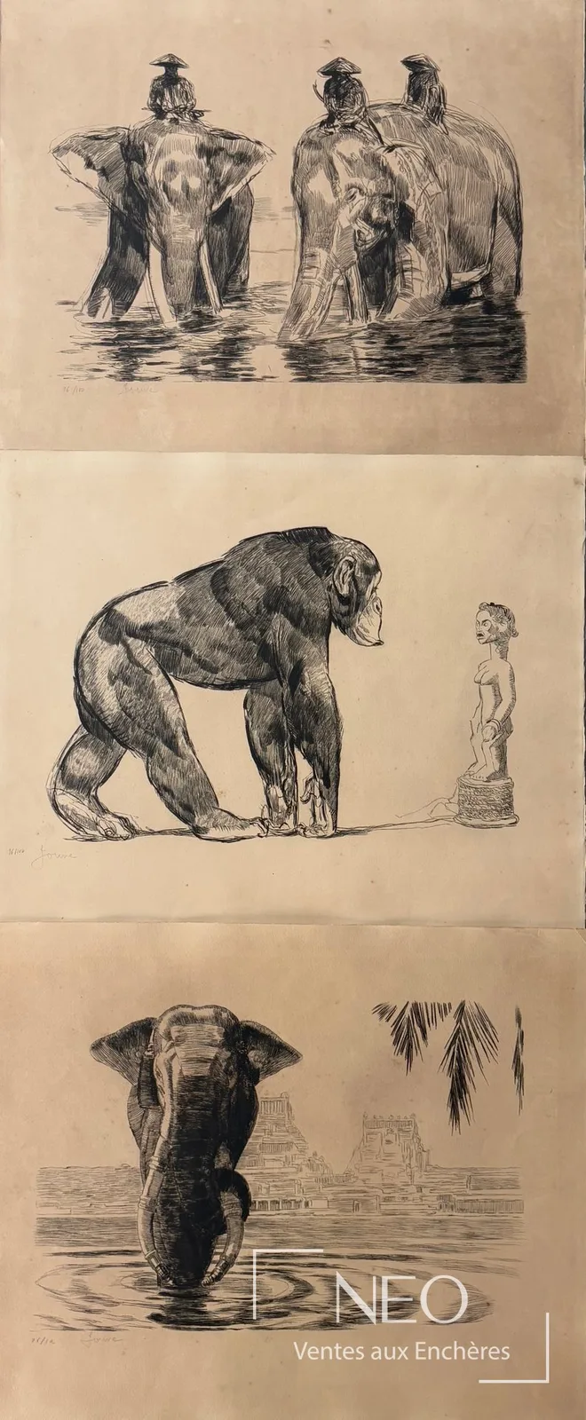 Eaux-fortes de Paul Jouve : éléphants au bain et éléphant devant Angkor